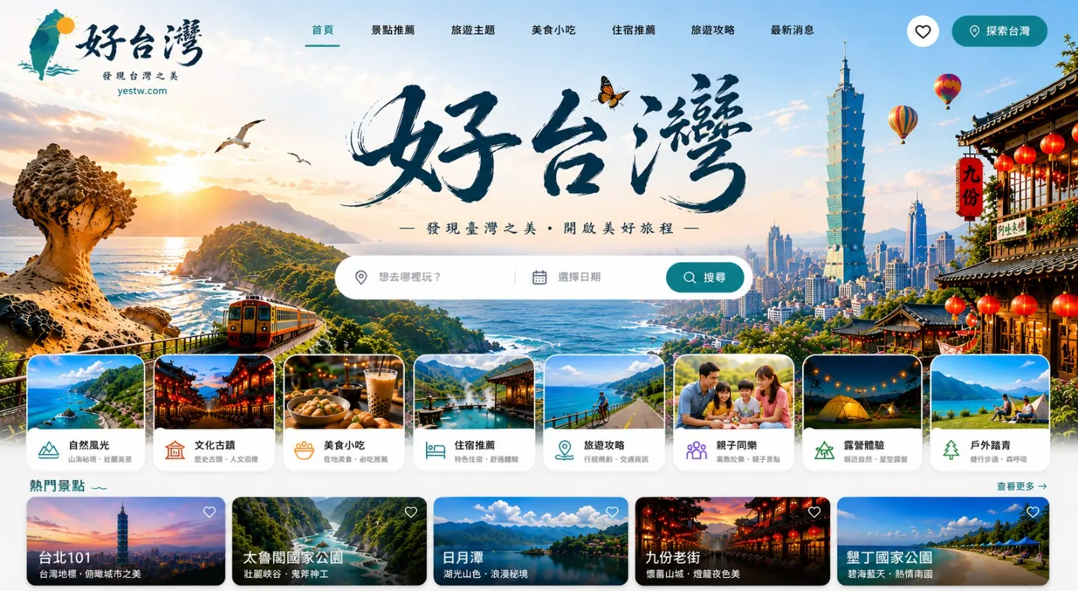 好台灣旅遊網站主視覺：台灣海岸、台北101、九份、旅遊分類與熱門景點